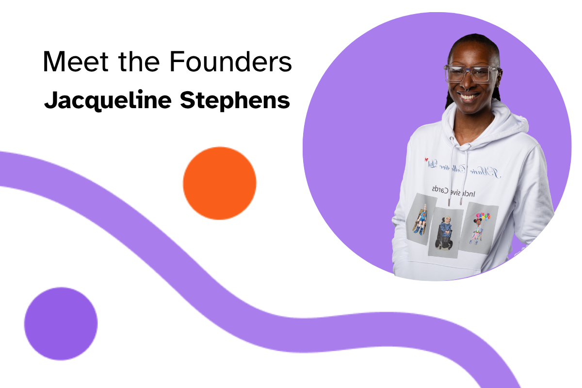 Photo of Jacqueline Stephens floats inside a purple circle with Never Grey branding.